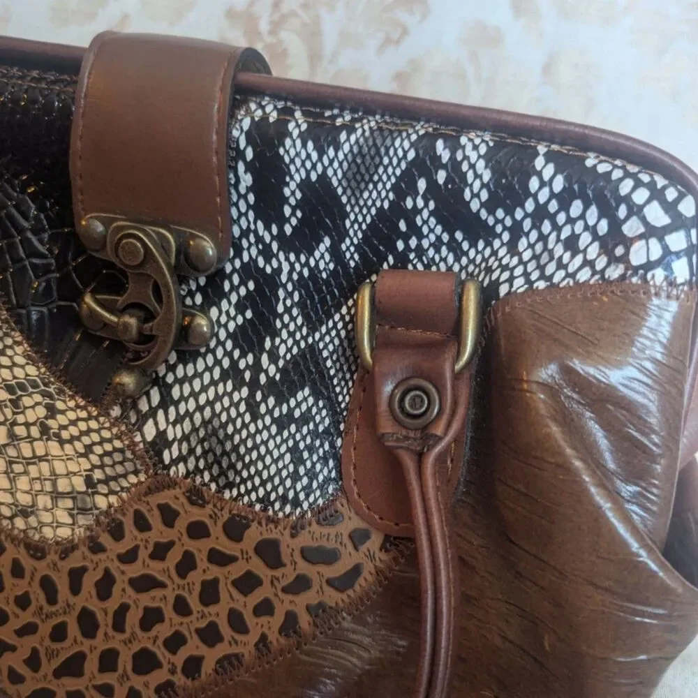 Vintage 70s 80s Leather Patchwork Animal Print Satchel Bag - Picture 9 of 11
